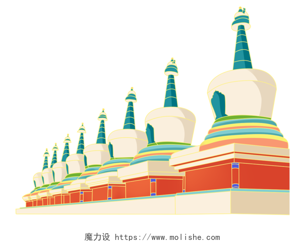 彩色卡通手绘中国旅游青海文化白塔插画元素宣传PNG素材